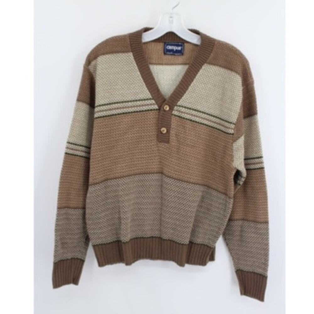 Vintgae Campus Sweater Mens Medium Brown V Neck
